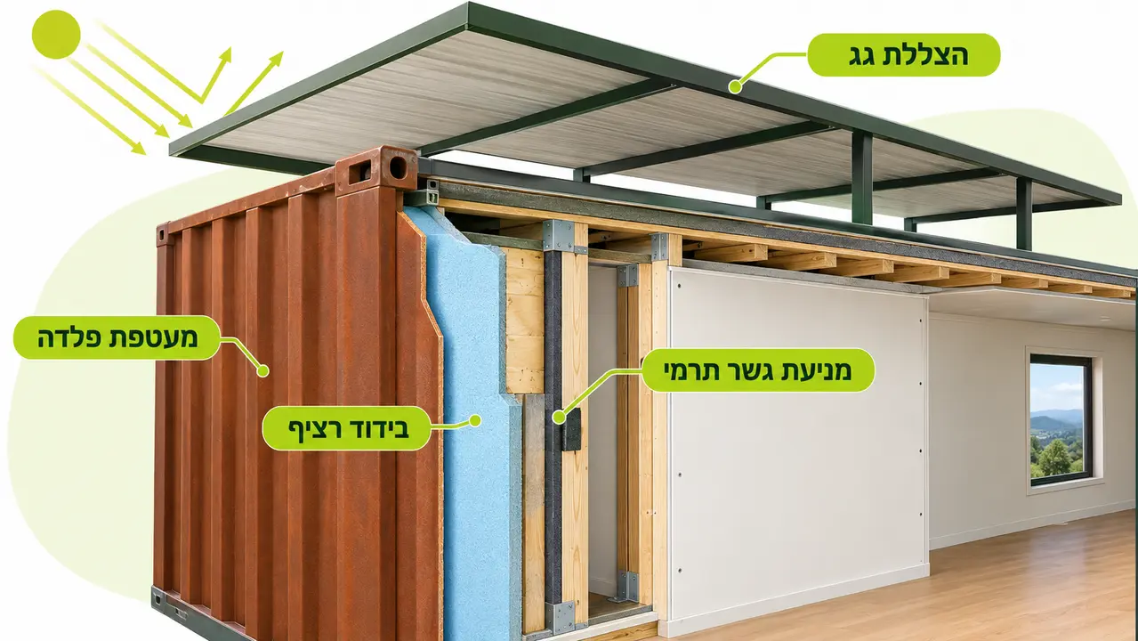 חתך קיר וגג של בית מוכן מבוסס מכולה עם שכבות בידוד וגגון הצללה