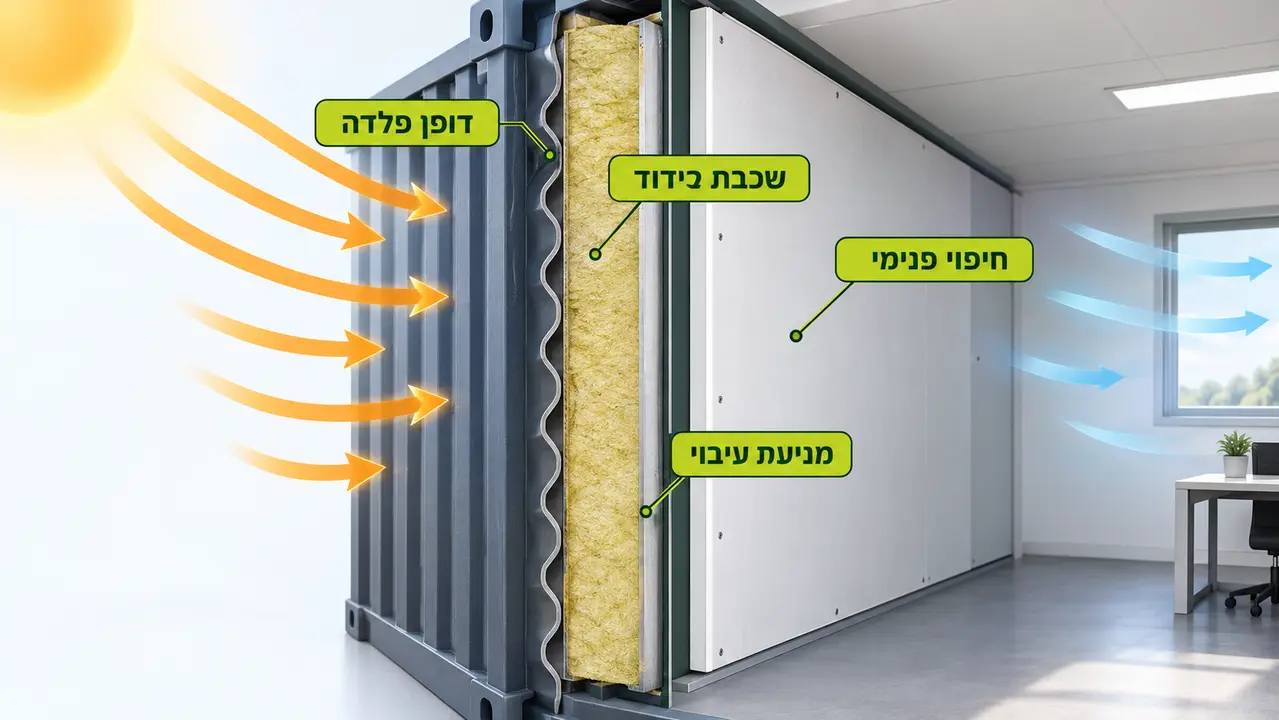 חתך בידוד תרמי והגנה מפני עיבוי בדופן מכולת משרד